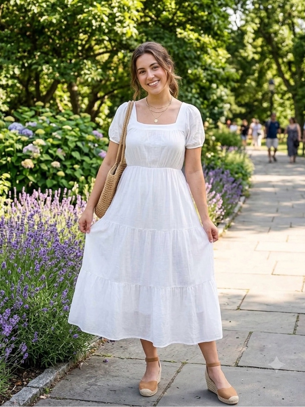 NY Collection | Tiered Midi White Square
Neck Short Sleeve Dress